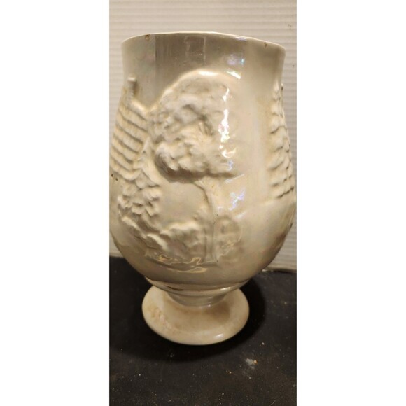 Vintage Iridescent Lusterware Vase – Cottage Scene Relief 10” Ceramic - Picture 2 of 11